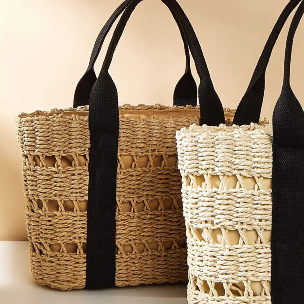 Crochet Straw Tote with Black Strap/NWOT - Picture 2 of 11